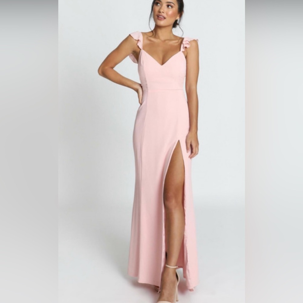 NWT Show Po MAXI DRESS Ruffle Strap THIGH SPLIT DRESS Blush Sz 8 Open Tie Back